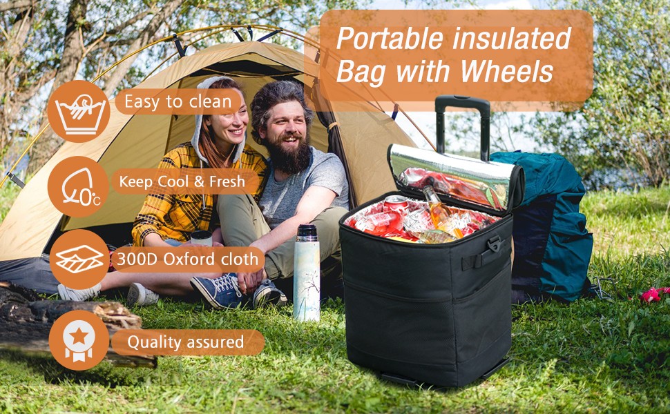 Collapsible Rolling Insulated Cooler Bag with Wheels